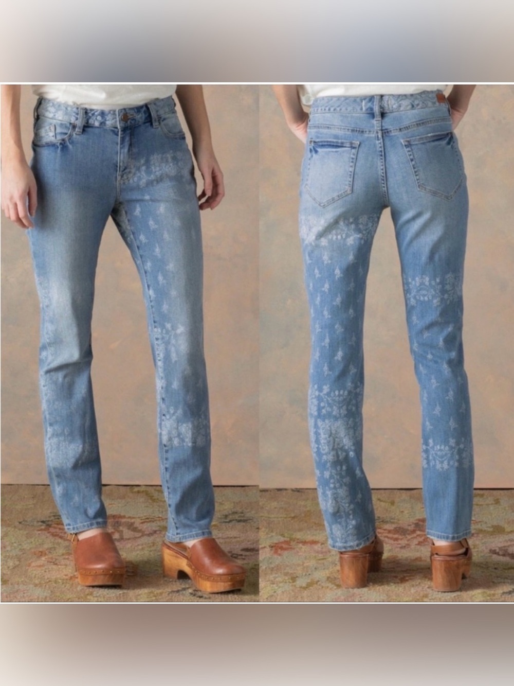 Sundance Bella Etched Floral Straight Leg Jeans Size 30 boho festival light wash
